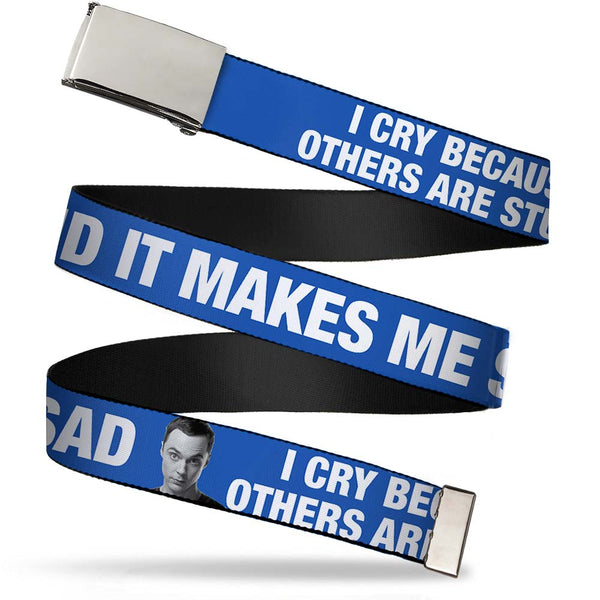 Buckle-Down Chrome Buckle Web Belt - Sheldon I CRY BECAUSE OTHERS ARE STUPID/THAT MAKES ME SAD Blue/White Webbing