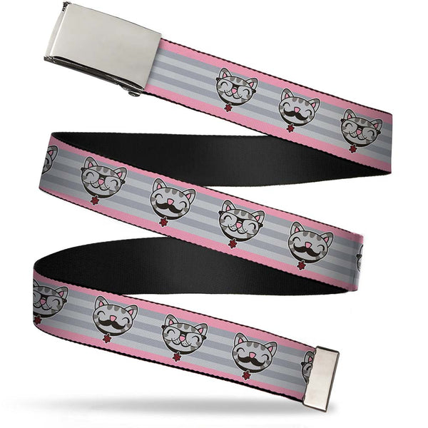 Buckle-Down Chrome Buckle Web Belt - Soft Kitty Nerd/Mustacho Expressions Stripe Grays Webbing