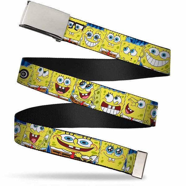 Buckle-Down Chrome Buckle Web Belt - SpongeBob Expressions Stripe Blue Webbing