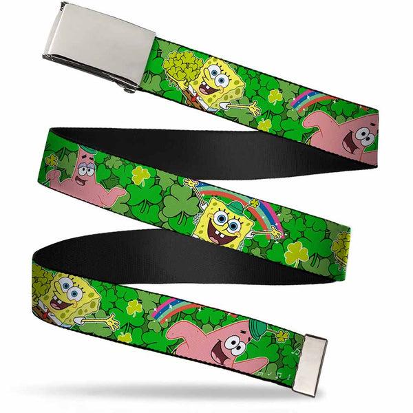 Buckle-Down Chrome Buckle Web Belt - SpongeBob & Patrick Starfish St. Patrick's Day Poses Webbing