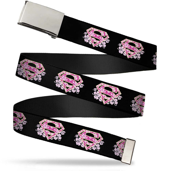 Buckle-Down Chrome Buckle Web Belt - Super Shield Hibiscus Design Black/Pink Webbing