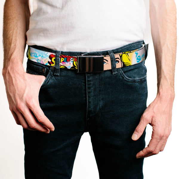 Buckle-Down Chrome Buckle Web Belt - SUPERGIRL W/Face CLOSE-UP Webbing