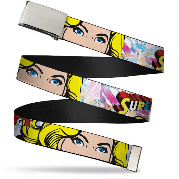 Buckle-Down Chrome Buckle Web Belt - SUPERGIRL w/Face CLOSE-UP Webbing