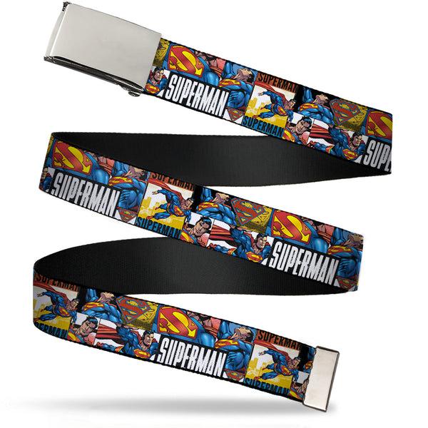 Buckle-Down Chrome Buckle Web Belt - SUPERMAN Action Blocks White Webbing