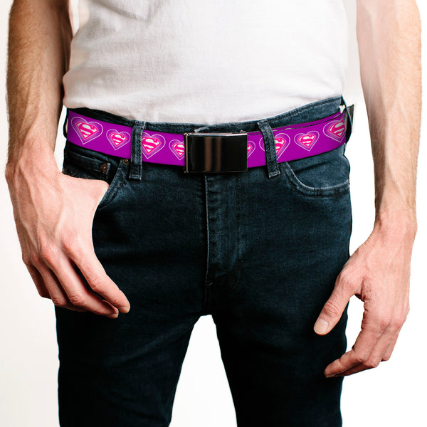 Buckle-Down Chrome Buckle Web Belt - Superman Logo In Heart Purple/White/Pink Webbing