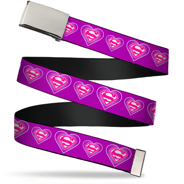 Buckle-Down Chrome Buckle Web Belt - Superman Logo in Heart Purple/White/Pink Webbing