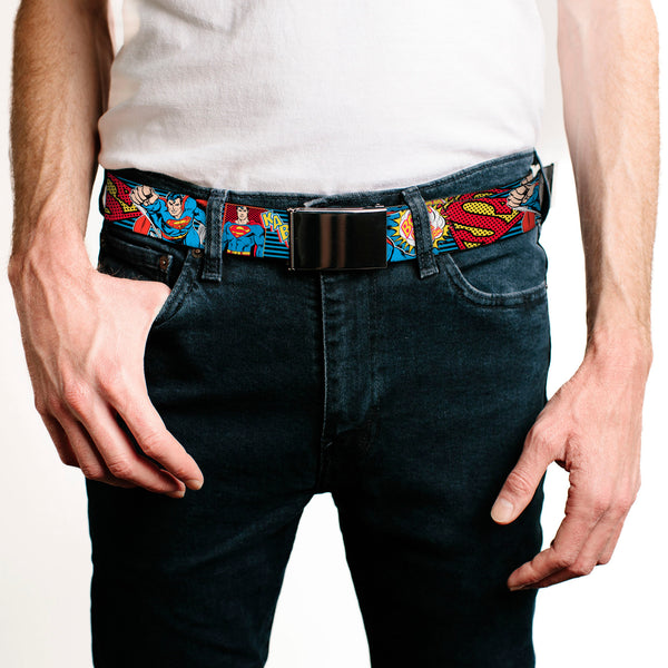 Buckle-Down Chrome Buckle Web Belt - Superman Logo/Poses/Action Bubbles Pop Collage Blue/Black Webbing