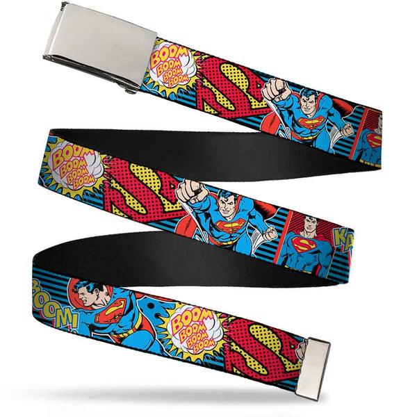 Buckle-Down Chrome Buckle Web Belt - Superman Logo/Poses/Action Bubbles Pop Collage Blue/Black Webbing