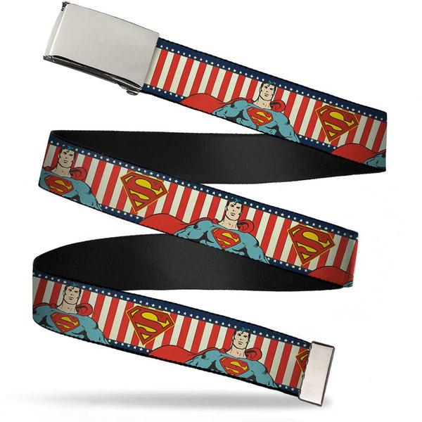 Buckle-Down Chrome Buckle Web Belt - Superman Pose/Shield Americana Blue/White/Red/White Webbing
