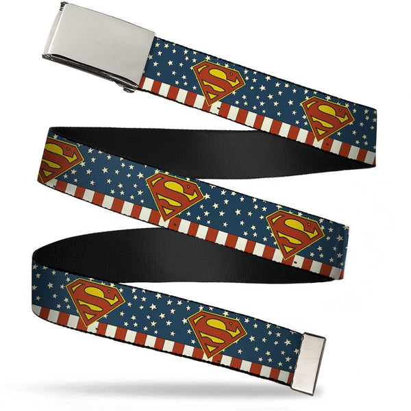 Buckle-Down Chrome Buckle Web Belt - Superman Shield Americana Red/White/Blue/Yellow Webbing