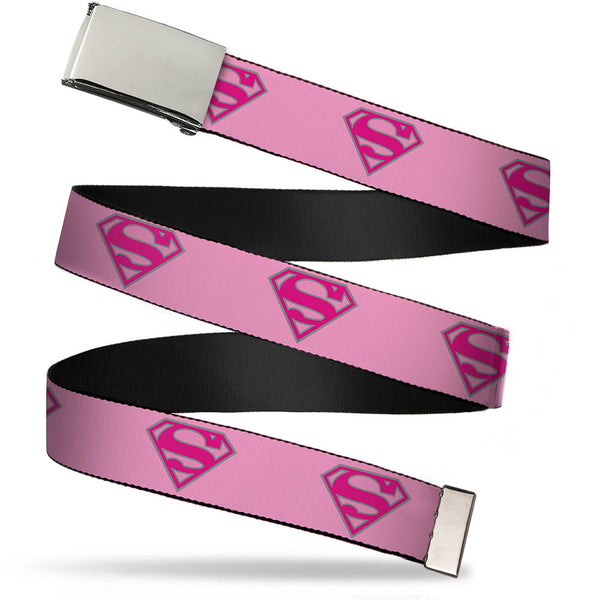 Buckle-Down Chrome Buckle Web Belt - Superman Shield Pink Webbing