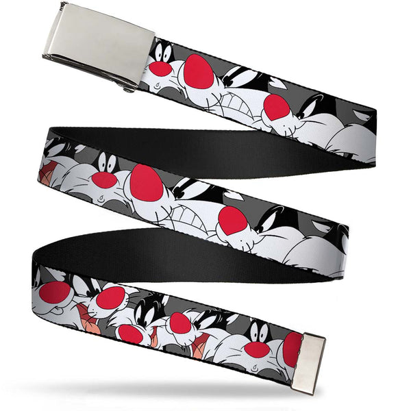 Buckle-Down Chrome Buckle Web Belt - Sylvester the Cat Expressions Gray Webbing