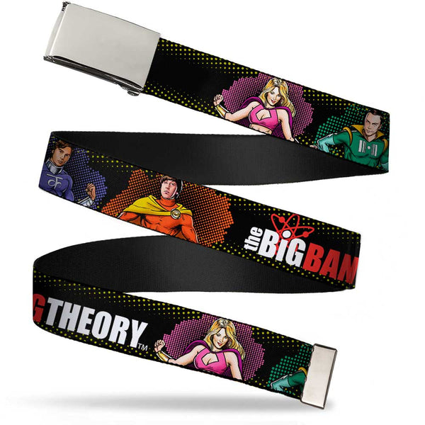 Buckle-Down Chrome Buckle Web Belt - THE BIG BANG THEORY Superhero Character Poses Black Webbing