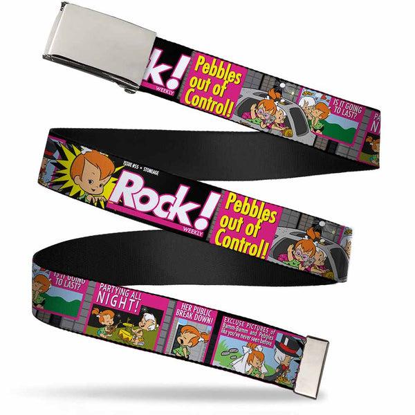 Buckle-Down Chrome Buckle Web Belt - The Flintstones Tabloid - ROCK PEBBLES OUT OF CONTROL Webbing