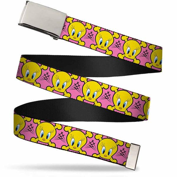 Buckle-Down Chrome Buckle Web Belt - Tweety Bird & Crossbones Pink/Black/Yellow Webbing
