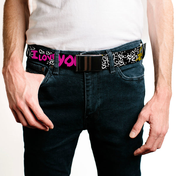 Buckle-Down Chrome Buckle Web Belt - Tweety Bird I LOVE YOU Black/White/Pink Webbing