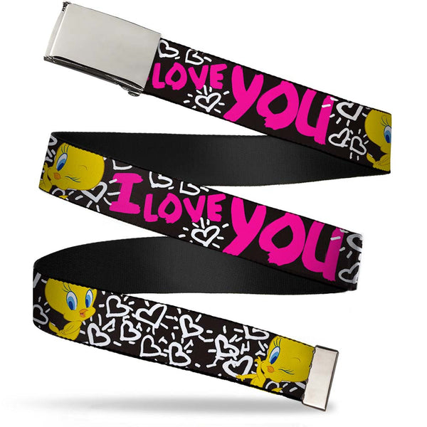 Buckle-Down Chrome Buckle Web Belt - Tweety Bird I LOVE YOU Black/White/Pink Webbing