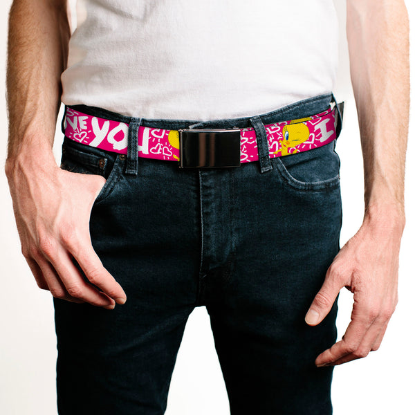 Buckle-Down Chrome Buckle Web Belt - Tweety Bird I LOVE YOU Fuchsia/White Webbing