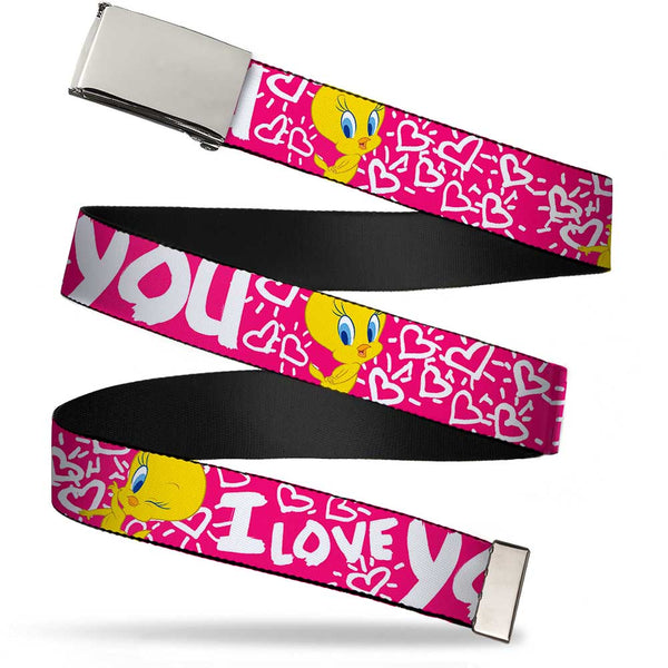 Buckle-Down Chrome Buckle Web Belt - Tweety Bird I LOVE YOU Fuchsia/White Webbing