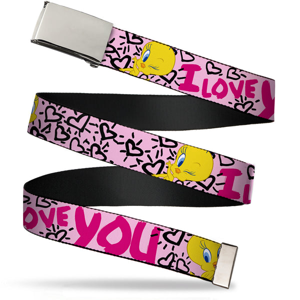 Buckle-Down Chrome Buckle Web Belt - Tweety Bird I LOVE YOU Pink/Black Webbing