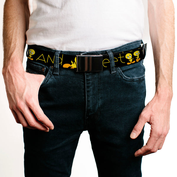Buckle-Down Chrome Buckle Web Belt - Tweety Bird Poses CUTE AND SWEET Black/Yellow Webbing