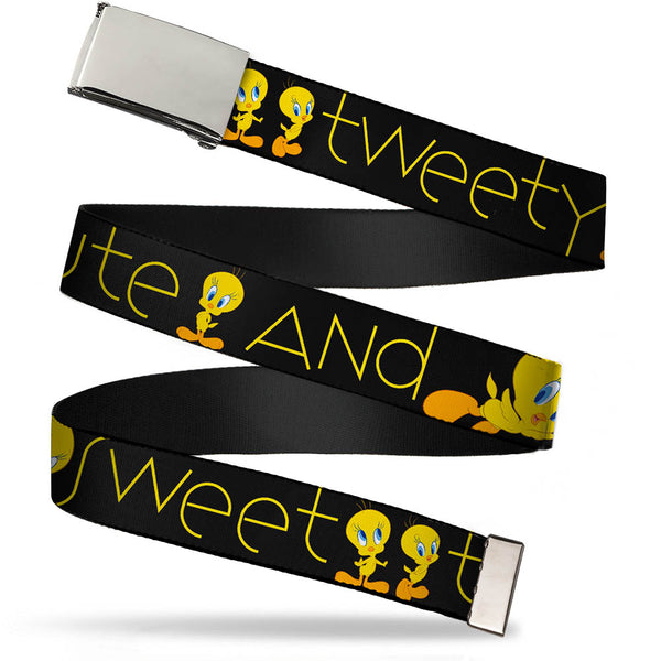 Buckle-Down Chrome Buckle Web Belt - Tweety Bird Poses CUTE AND SWEET Black/Yellow Webbing