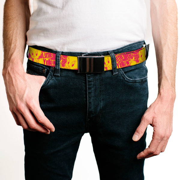 Buckle-Down Chrome Buckle Web Belt - Tweety Bird Poses CUTE LITTLE YELLOW BIRD Yellow/Pink Webbing