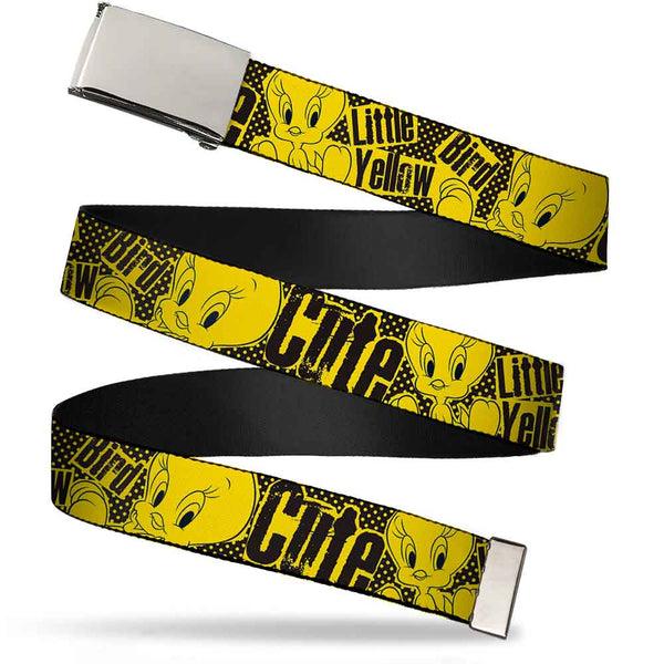 Buckle-Down Chrome Buckle Web Belt - Tweety Bird Poses CUTE LITTLE YELLOW BIRD Yellow/Black Webbing