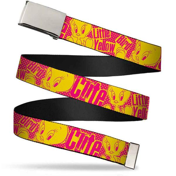 Buckle-Down Chrome Buckle Web Belt - Tweety Bird Poses CUTE LITTLE YELLOW BIRD Yellow/Pink Webbing