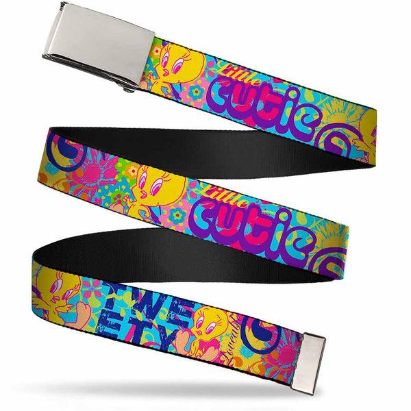 Buckle-Down Chrome Buckle Web Belt - Tweety Bird Poses LITTLE CUTIE-LOVEABLE Blue/Multi Color Webbing