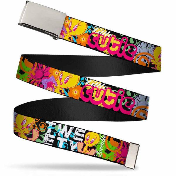 Buckle-Down Chrome Buckle Web Belt - Tweety Bird Poses LITTLE CUTIE-LOVEABLE Black/Multi Color Webbing