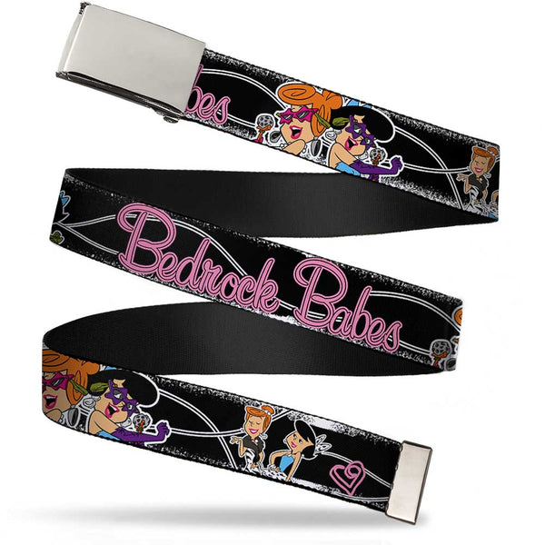 Buckle-Down Chrome Buckle Web Belt - Wilma & Betty Glam Poses BEDROCK BABES Black/Pink Webbing