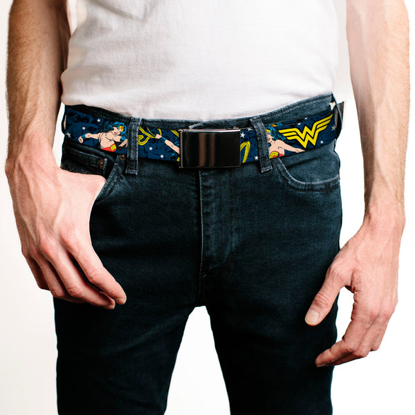Buckle-Down Chrome Buckle Web Belt - Wonder Woman Face/Poses/Logos/Comic Scenes Blues/Yellow Webbing