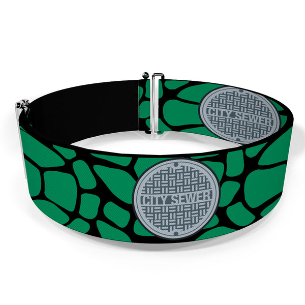 Buckle-Down Cinch Waist Belt - Classic TMNT CITY SEWER Cap Turtle Shell Black Green Grays