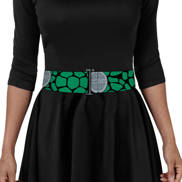 Buckle-Down Cinch Waist Belt - Classic TMNT CITY SEWER Cap Turtle Shell Black Green Grays