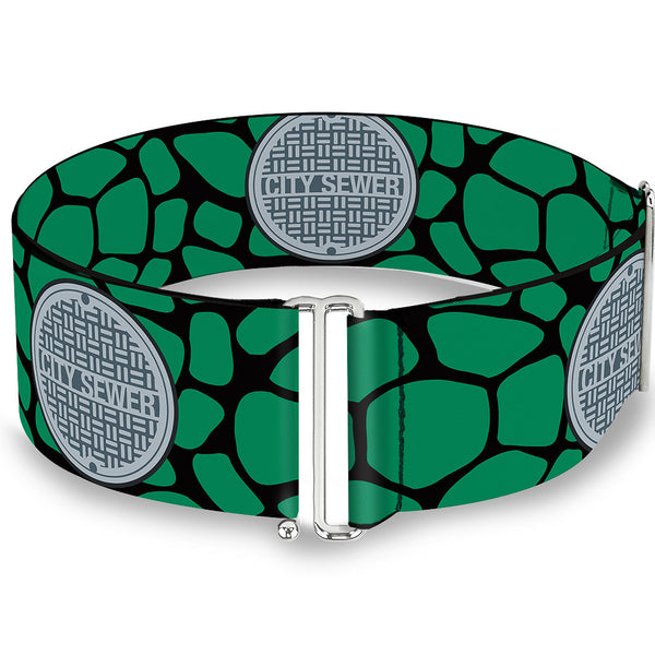 Buckle-Down Cinch Waist Belt - Classic TMNT CITY SEWER Cap Turtle Shell Black Green Grays
