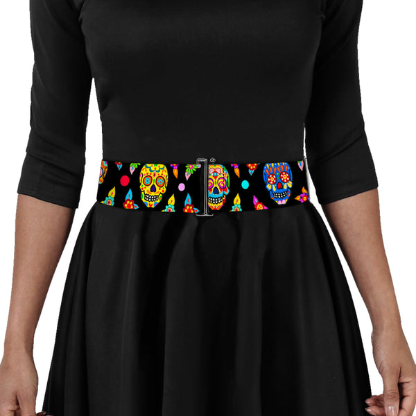 Buckle-Down Cinch Waist Belt - Colorful Calaveras Black Multi Color