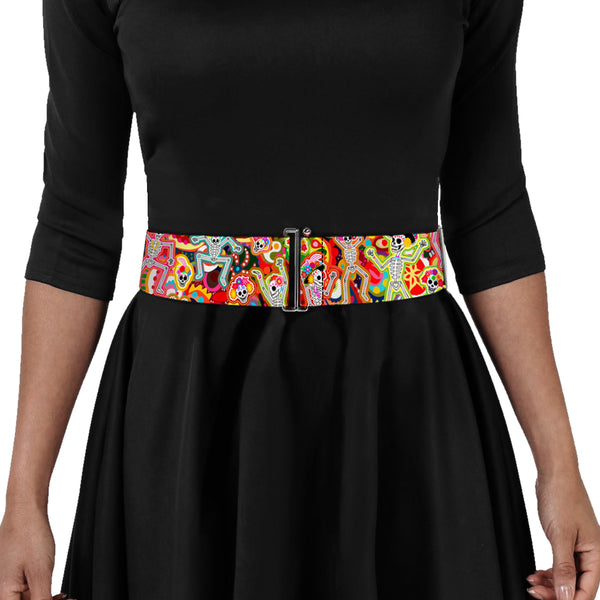 Buckle-Down Cinch Waist Belt - Dancing Catrinas Collage Multi Color