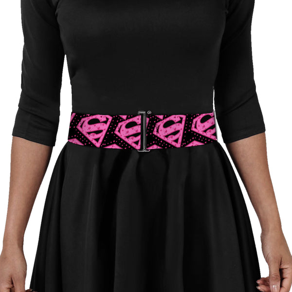 Buckle-Down Cinch Waist Belt - Diagonal Superman Logo W Hearts Black Pink