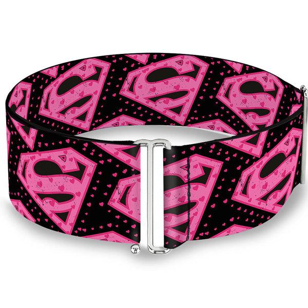 Buckle-Down Cinch Waist Belt - Diagonal Superman Logo w Hearts Black Pink