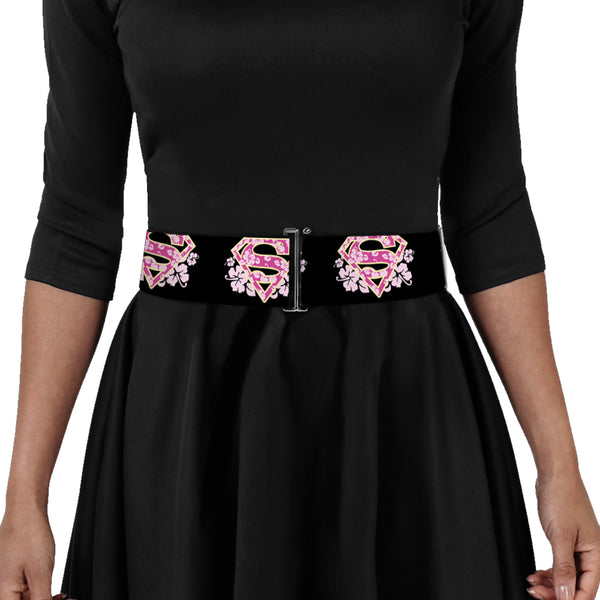 Buckle-Down Cinch Waist Belt - Super Shield Hibiscus Design Black Pink