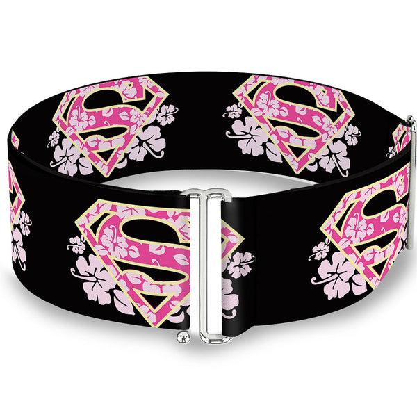 Buckle-Down Cinch Waist Belt - Super Shield Hibiscus Design Black Pink