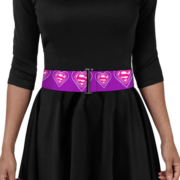 Buckle-Down Cinch Waist Belt - Superman Logo In Heart Purple White Pink