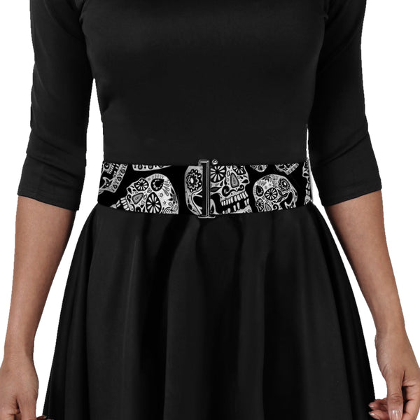Buckle-Down Cinch Waist Belt - The Dust Of Living II Sugar Skulls Black White