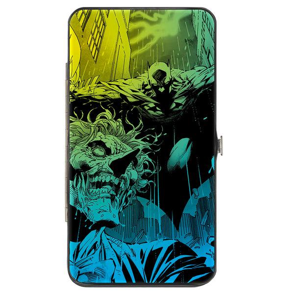 Buckle-Down Hinged Wallet - Batman Flying Over Joker Rain Scene Yellow Green Blue Fade Black