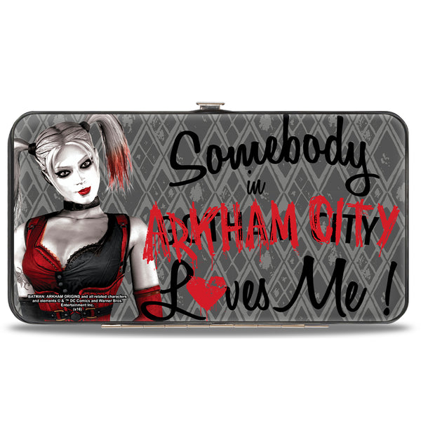 Buckle-Down Hinged Wallet - Harley Quinn Pose SOMEBODY IN ARKHAM CITY LOVES ME Diamonds Grays Black Red