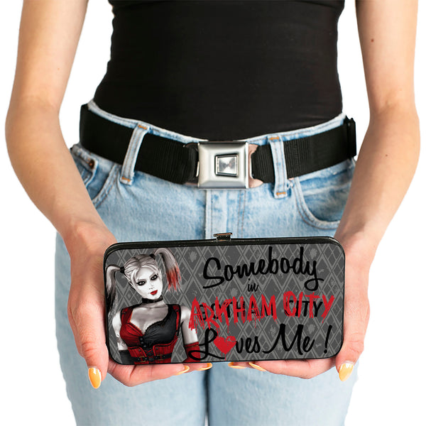 Buckle-Down Hinged Wallet - Harley Quinn Pose SOMEBODY IN ARKHAM CITY LOVES ME Diamonds Grays Black Red