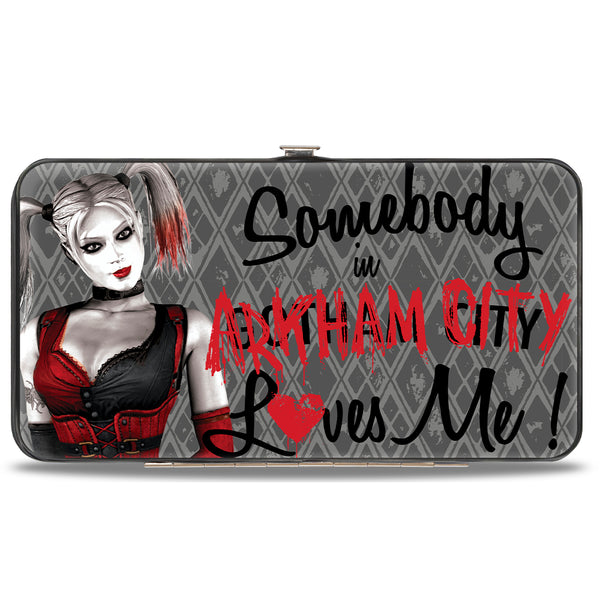 Buckle-Down Hinged Wallet - Harley Quinn Pose SOMEBODY IN ARKHAM CITY LOVES ME Diamonds Grays Black Red