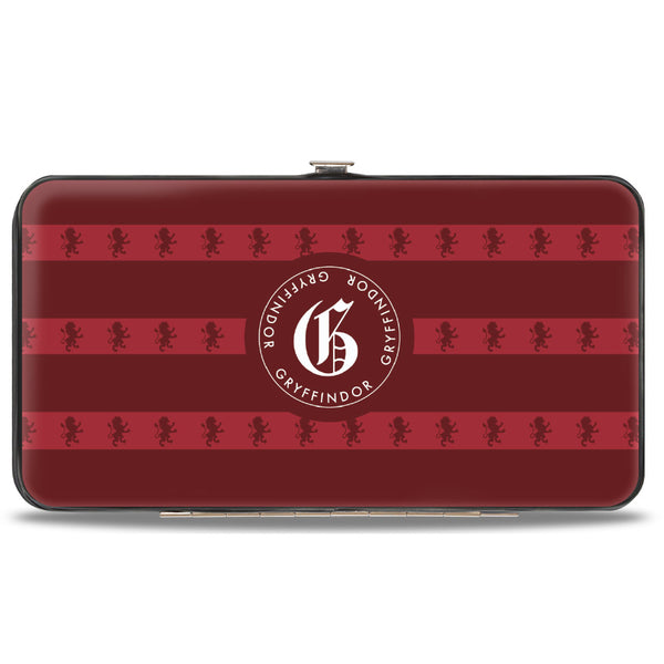 Buckle-Down Hinged Wallet - HOGWARTS ALUMNI GRYFFINDOR + Initial Monogram/Lion Icon Stripe Burgundy Reds/Golds/White