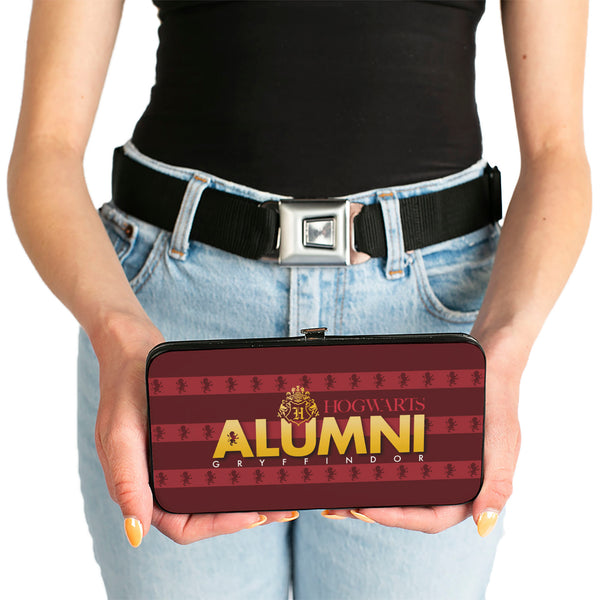 Buckle-Down Hinged Wallet - HOGWARTS ALUMNI GRYFFINDOR + Initial Monogram/Lion Icon Stripe Burgundy Reds/Golds/White